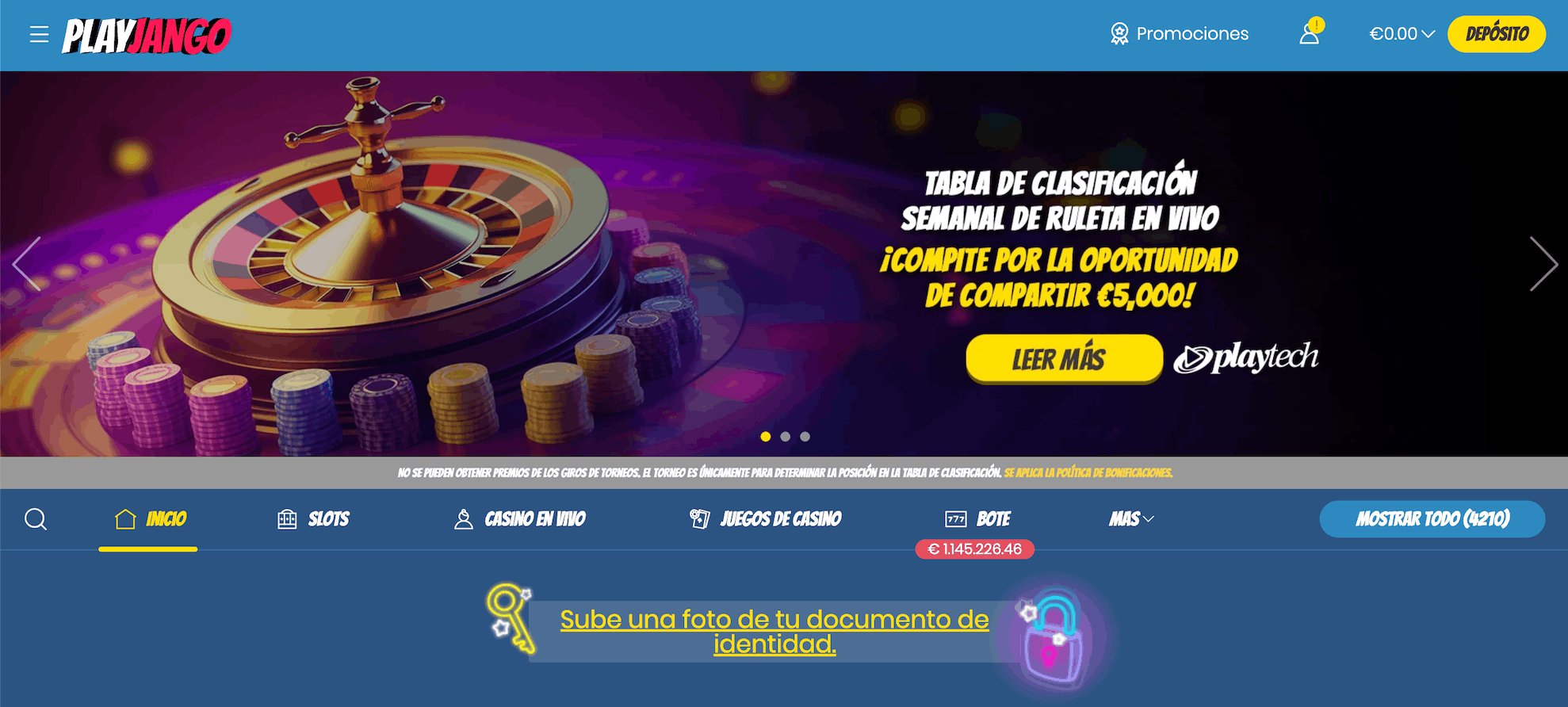 Lobby principal de PlayJango Casino España tras iniciar sesión: torneo semanal de ruleta en vivo de Playtech, balance del usuario, y catálogo total de 4.210 juegos divididos en Slots, Casino en vivo, Juegos de casino y Bote