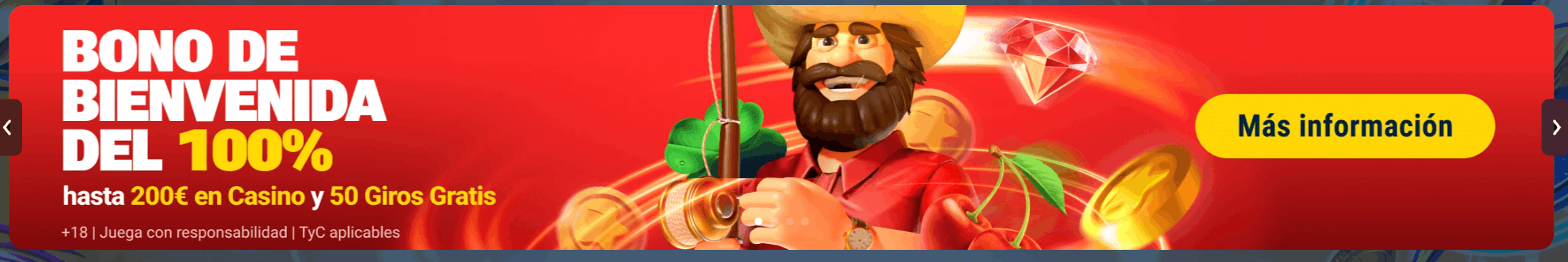 Banner de Marathon Bet con el bono de bienvenida del 100% hasta 200€ en casino y 50 giros gratis