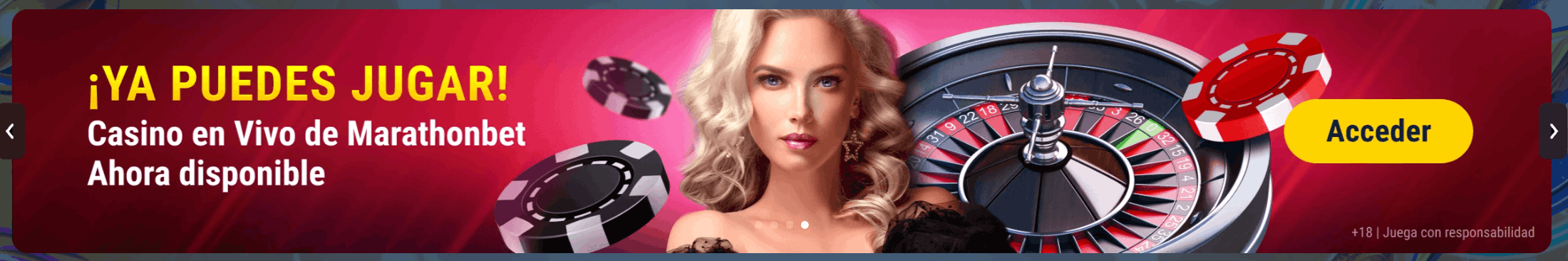 Banner de Casino en Vivo de Marathonbet ahora disponible con crupier real y mesa de ruleta