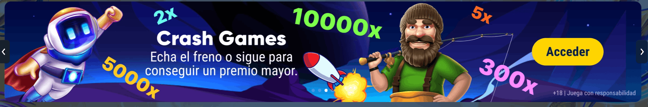 Banner de Crash Games de Marathon Bet con multiplicadores 2x, 5x, 300x, 5000x y 10000x
