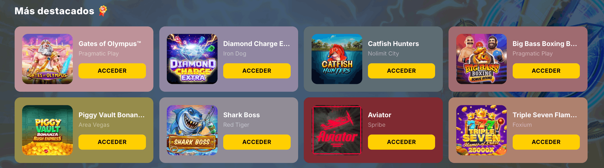Slots destacados en Marathon Bet: Gates of Olympus, Diamond Charge Extra, Catfish Hunters, Big Bass Boxing, Piggy Vault Bonanza, Shark Boss, Aviator y Triple Seven Flames of Crisis