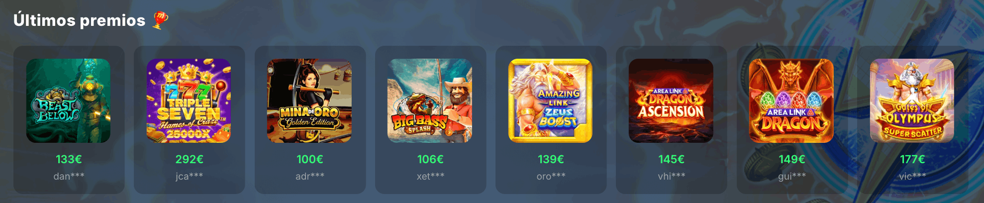 Últimos premios ganados en Marathon Bet con cantidades entre 100€ y 292€ en distintos slots