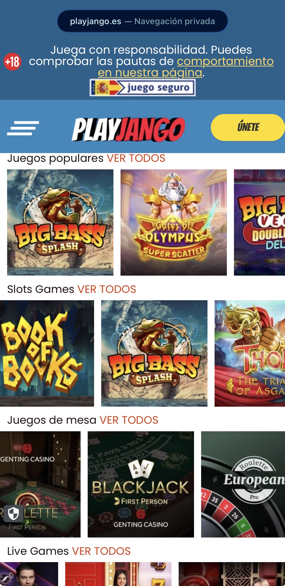 Lobby móvil de PlayJango Casino visto desde iPhone: navegación adaptada con secciones de Juegos populares (Big Bass Splash, Gates of Olympus, Big Vegas), Slots Games (Book of Books, Big Bass Splash, Thor), Juegos de mesa (Blackjack First Person, Roulette Europea) y Live Games, además del aviso 18+ y enlace a juego seguro