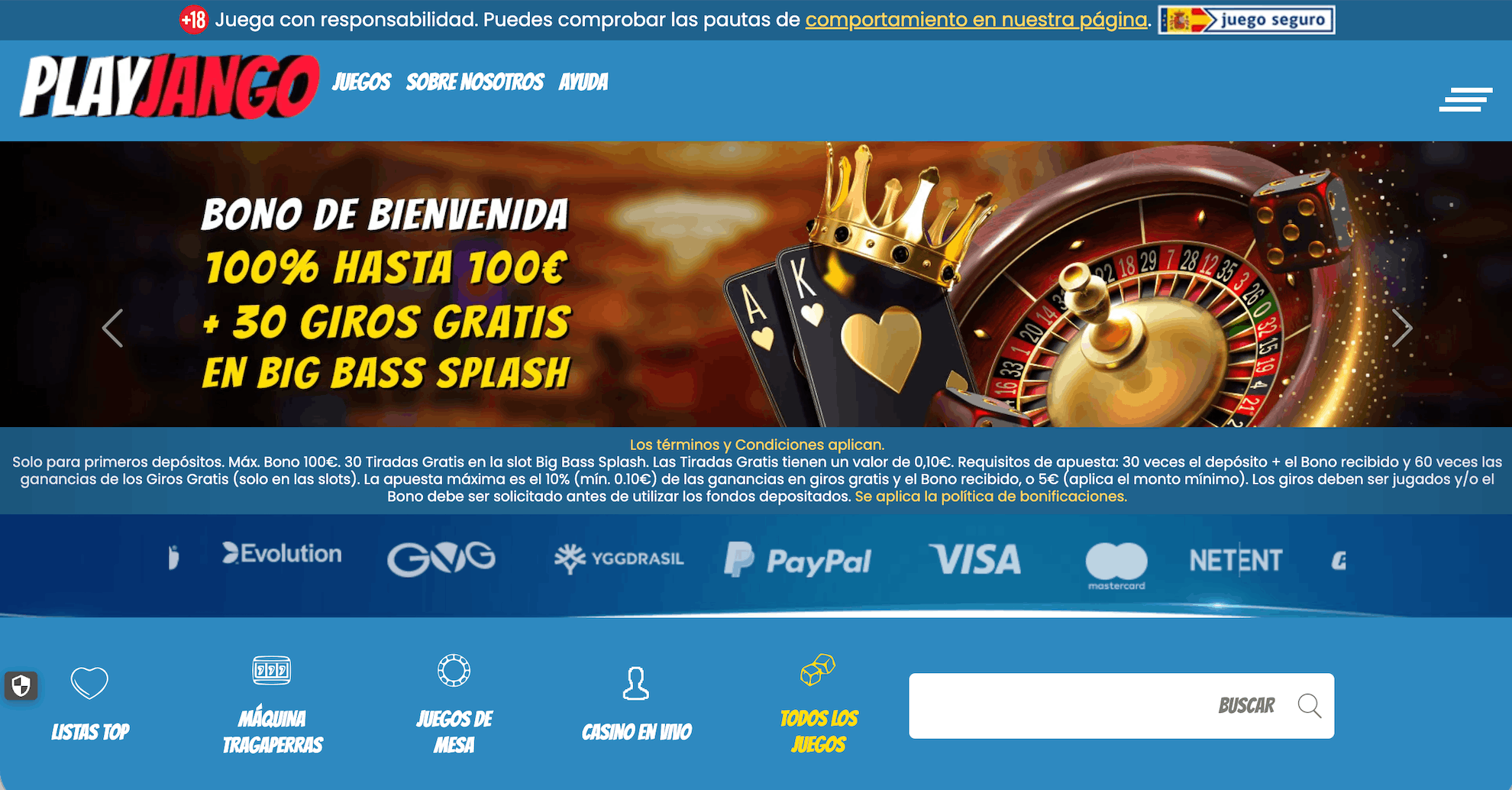 Métodos de pago aceptados en PlayJango Casino España: PayPal, Paysafe, Visa, Mastercard, Cashlib, Bizum y Apple Pay, además de la certificación de iTech Labs y los logos de juego responsable